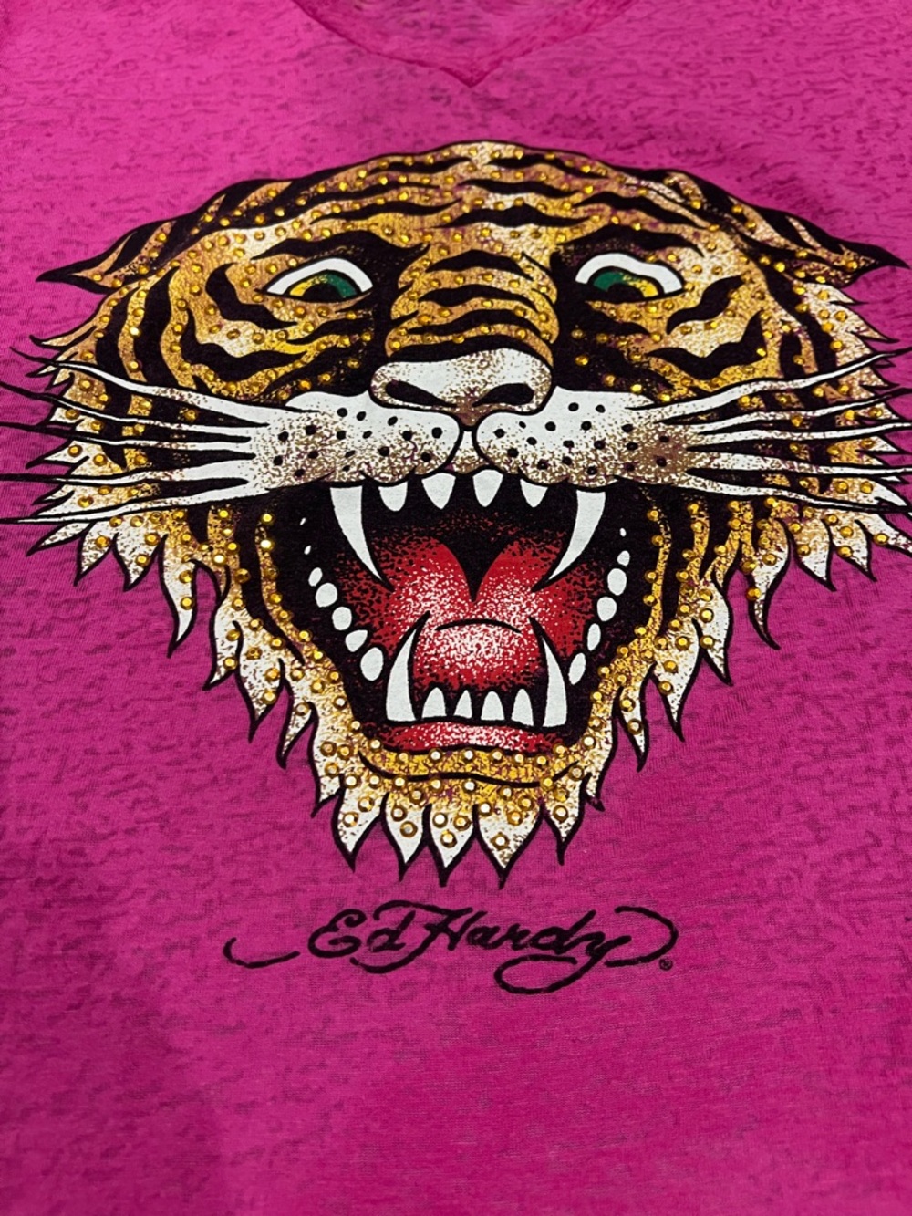 Ed Hardy Pink Tee with beaded Gold Tiger Motif